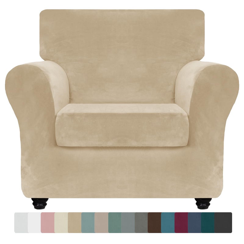 ZNSAYOTX Luxury Velvet Chair Slipcovers with Arms 2 Piece Stretch Chair Covers for Living Room Thick Soft Armchair Slipcover Anti Slip Dog Pet Friendly Furniture Protector (Camel),30"-47"(1 Cushion) - Image 1